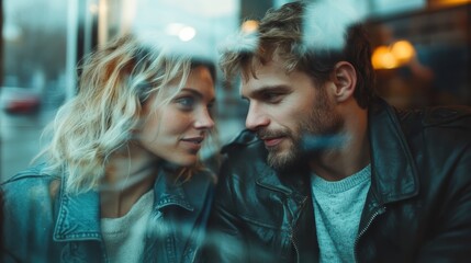 Fototapeta premium A couple sitting closely in a cozy cafe, sharing an intimate moment with smiles and eye contact, capturing the warmth and connection between them.