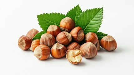 Natural pile of hazelnuts paired with green leaves, arranged on a clean white background for a fresh, earthy composition
