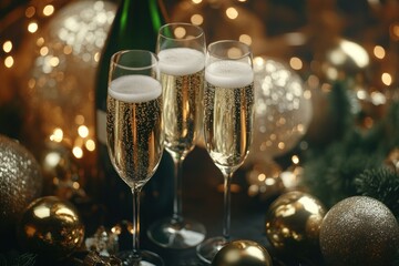 Champagne Glasses with Bokeh Christmas Decorations