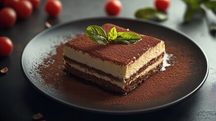 Tiramisu dessert. Dark plate with italian foods. Ultra realistic. Photorealistic 