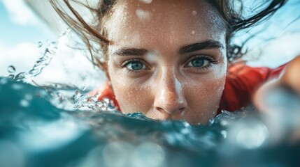 A close-up shot of a woman in water, capturing her intense gaze amidst splashing waves, highlighting her strength and determination in a thrilling moment.