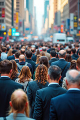 A Diverse Crowd of People in Business Attire Walking in a Busy City Street During Weekday Commute