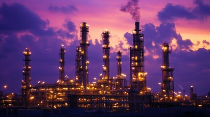 Fototapeta premium Oil refinery at dusk, bathed in warm golden lights, with the deep purple sky above creating a dynamic industrial landscape.