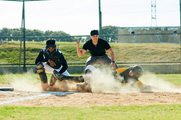 Men, baseball or runner with referee on pitch for sports, point or match in tournament or outdoor...