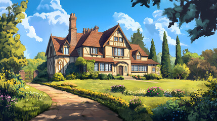 Fototapeta premium A large house with a large garden and a long walkway. Tudor Mansion. Illustration
