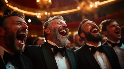 Obraz premium A group of men wearing elegant tuxedos share a hearty laugh in a sophisticated setting, embodying joy and camaraderie at a formal gathering.
