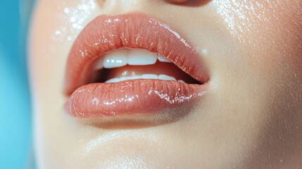 A close-up image focusing on a pair of glossy lips showcasing a natural sheen, highlighted by bright lighting and a subtle background, emphasizing beauty.