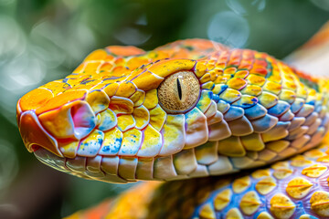 Fototapeta premium Colorful snake with a rainbow pattern on its head and body. The snake is sitting on a leaf