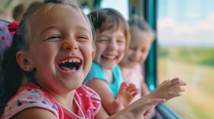 Obraz premium Three joyful girls laughing together on a train ride, enjoying their adventure.