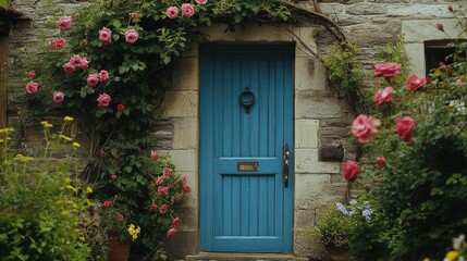 Fototapeta premium Quaint blue door entry framed by roses climbing a weathered stone cottage, creating an inviting and charming countryside scene.