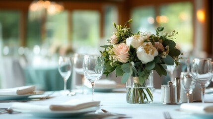 A finely set dining table, adorned with a fresh floral centerpiece and delicately arranged tableware, offers a serene and sophisticated ambiance for gatherings.