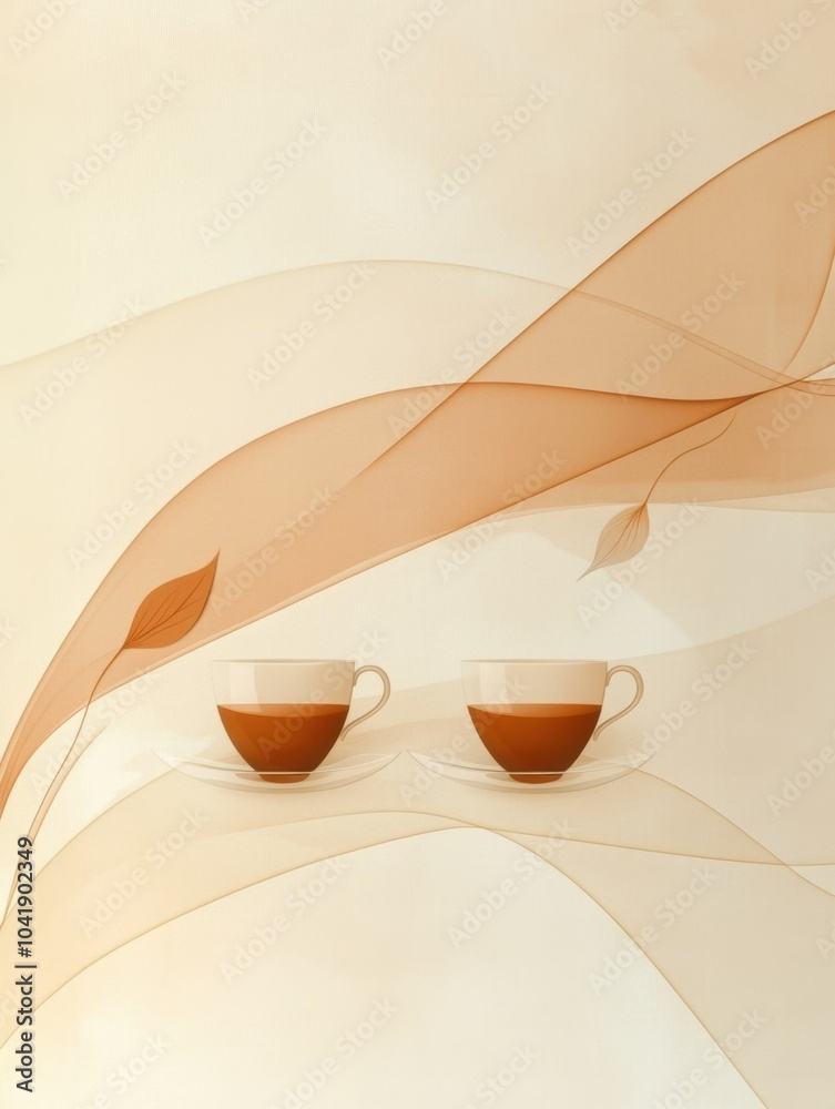Poster intricate lines in warm hues create a serene composition of tea cups and leaves, reflecting a calmin