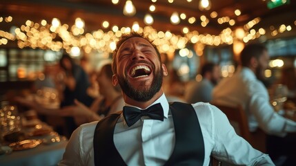 A young man in a suit and bow tie laughs exuberantly at a formal event, with a beautifully decorated hall and soft glowing lights fostering a celebratory mood.