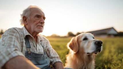 An elderly farmer sits on the grass beside a golden retriever, gazing contemplatively into the distance, with a bucolic landscape and warm sunset hues behind them.