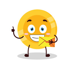 cute happy expression of coin cartoon bring envelope letter cartoon character