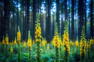 Obraz premium Yellow flowers of dense flowered mullein on the dark background of dense forest Forced Perspective