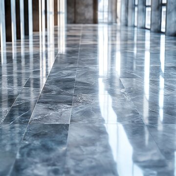 Polished marble floor reflecting light in a modern hallway, creating an elegant and spacious atmosphere.