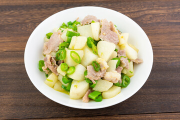 A dish of home-cooked yam fried meat