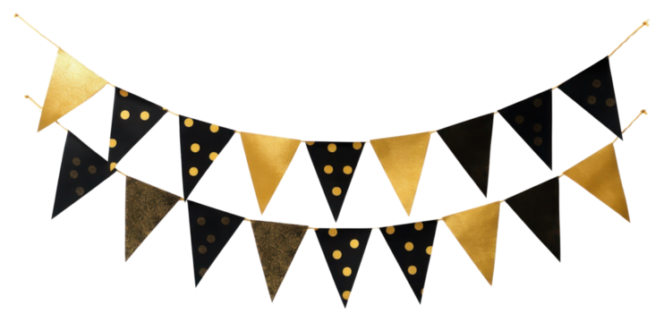 PNG Black and gold festival party bunting triangle banner flags.