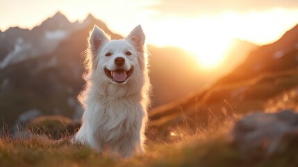 A joyful white dog with fluffy fur sits in the foreground, basking in the warm glow of a sunset amidst a stunning mountain landscape. The aura is peaceful and content.