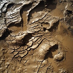 Close-up of cracked, dry mud texture on a surface, showing patterns of arid soil under sunlight.