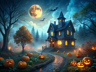 Haunted House with Jack-o'-Lantern Path Under a Full Moon - Spooky Halloween Scene