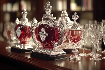 A collection of ornate glass containers filled with red liquid, displayed elegantly.