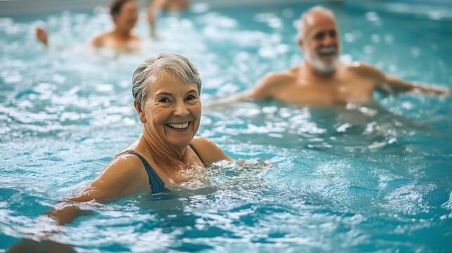 Joyful Swimming Session as Elderly Man and Woman Share Waters Edge - Happy Couple Celebrates Retirement Vacation in Sunlit Pool, Creating Cheerful Moments at Peaceful Resort