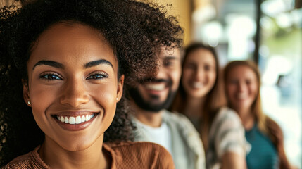 Portrait of a diverse group of professionals smiling at the camera, casual office setting, teamwork and collaboration concept, bright and modern environment
