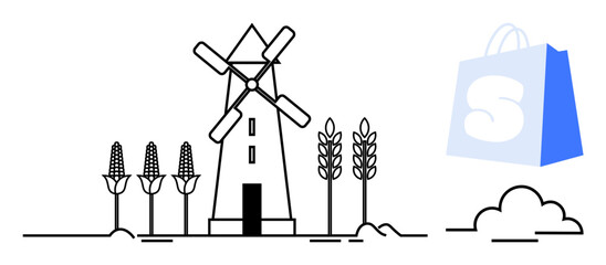 A black and white windmill with corn and wheat plants next to a shopping bag with an S symbol. Ideal for farming, agriculture, renewable energy, food production, eco-friendly practices