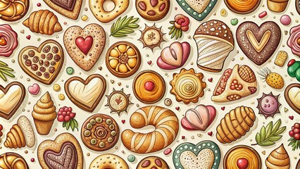Heart-Shaped Bakery Products Pattern for Food Design and Bakery Shop Illustrations