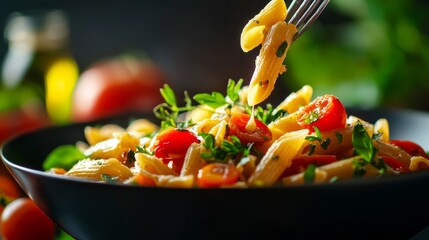 Gourmet Food Delivery - Close-up of Exquisite Pasta Bowl with Fresh Herbs and Garnishes