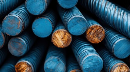 A stack of blue steel rebar with rust at their tips, showcasing essential construction material, blending industrial appeal with natural decay aesthetics.