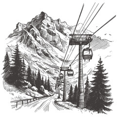 A hand-drawn sketch of a ski elevator is presented as a vector illustration