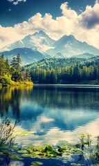 Obraz premium Majestic mountain lake. Dramatic overcast sky. Beauty world. Retro style.