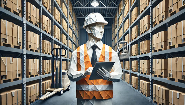 Warehouse Worker Using Tablet in Industrial Aisle with Forklift and Shelves in Origami Style