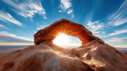 The sun shines brightly through a rocky arch, illuminating the scene against a blue sky, offering magnificent views of natural formations and expansive horizons.