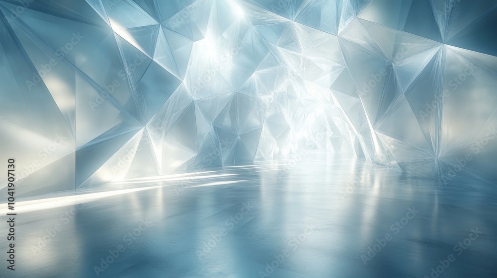 Fototapete Inside an enchanting ice cave, light filters through sharp, crystal-like formations, creating a mesmerizing ambiance on the smooth, reflective floor.