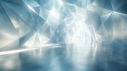 Inside an enchanting ice cave, light filters through sharp, crystal-like formations, creating a mesmerizing ambiance on the smooth, reflective floor.