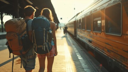 Young couple with backpacks at a train station during sunset, ready for adventure.