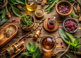 Herbal Infusions and Tinctures of Persicaria bistorta and Common Comfrey Roots in Natural Setting