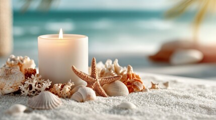 A peaceful candlelit scene by the seaside featuring seashells, starfish, and soft sand, capturing a sense of calm and serenity amidst ocean waves and gentle breeze.