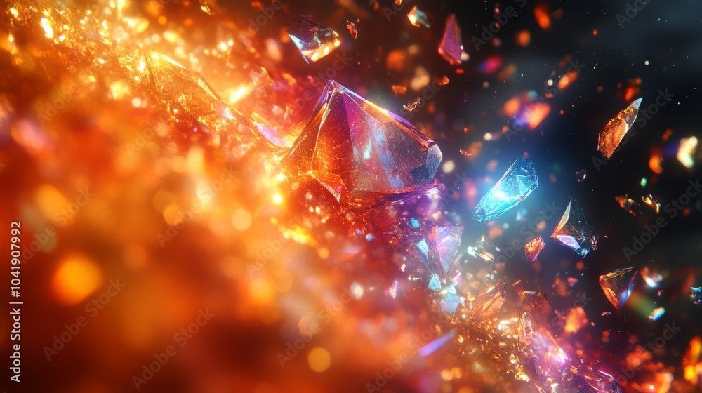 Poster Crystals of various shapes and colors shimmer against a contrasting orange and blue backdrop, creating a mesmerizing and dynamic abstract visual.