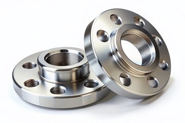 High Depth of Field Image of Two Connected Neck Flanges with Bolts Isolated on a White Background for