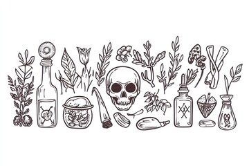simple line drawing witchy items. clipart. a skull, potions, herbs ecc. black lines on white background 
