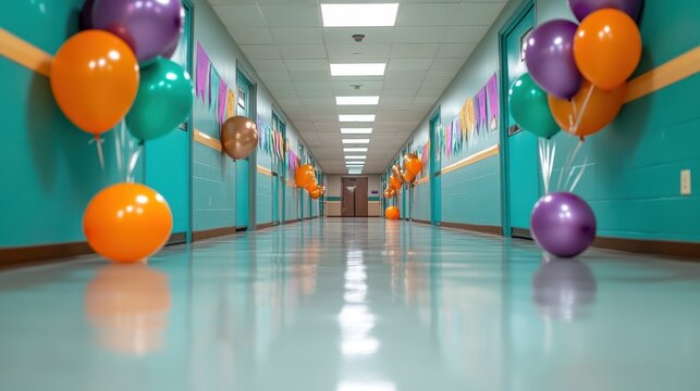The corridor is beautifully filled with balloon clusters and vibrant decor, creating a lively and festive environment perfect for joyous celebrations.