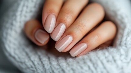 A close-up of a hand with glossy, pastel-colored nails, emphasizing minimalist beauty, elegance, and personal care, surrounded by a cozy knit texture.