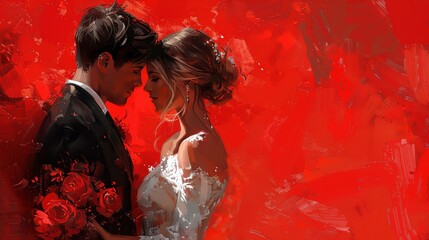 Romantic couple embracing against a vibrant red backdrop.