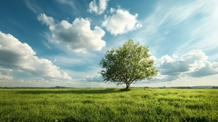 Fototapeta premium In a vast expanse of lush green grass, a single tree stands proudly, symbolizing strength and solitude beneath a bright blue, cloud-dappled sky.
