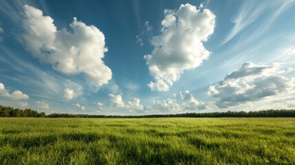 Obraz premium A breathtaking view of a vast, open field covered in lush green grass under a clear blue sky with fluffy clouds, epitomizing natural peace and space.